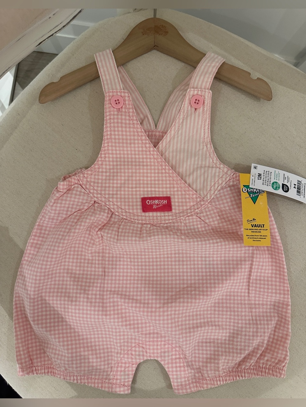 🤍 12 Mth OshKosh B'gosh Reissue NWT Vintage Pink Gingham Overall Bubble Romper